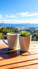 A serene morning: Coffee and succulent on a wooden deck overlooking the ocean landscape