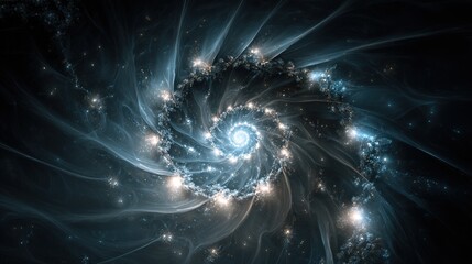 A captivating spiral galaxy design, showcasing luminous orbs and ethereal whisps swirling within cosmic expanse