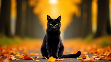 Black Cat in Autumn Forest with Fallen Leaves