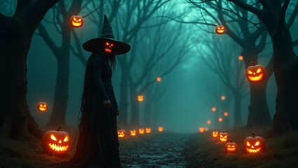 Witch in Haunted Forest with Glowing Jack-O’-Lanterns