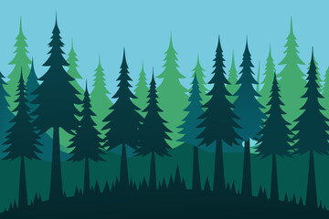 Fototapeta premium Stylized silhouette of evergreen trees in a forest landscape with layered green and blue hues