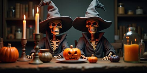 Skeleton Witches with Pumpkins and Candles