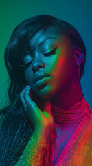 A stunning portrait featuring a woman's serene expression amidst a stunning spectrum of vivid, colorful lighting effects.