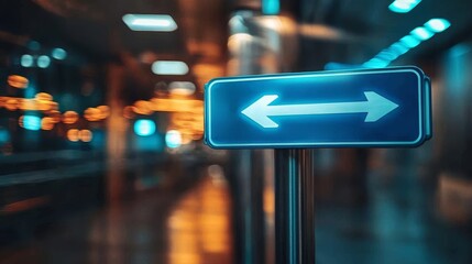 Blurred background adds depth to the image of the blue arrow sign.