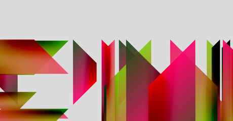 Abstract geometric shapes overlap, creating vibrant colorful patterns. Composition features sharp angles, gradients, modern design elements.
