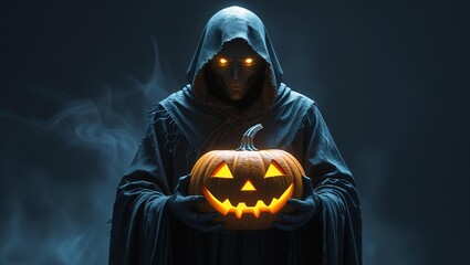 Dark Hooded Figure Holding Glowing Jack-O’-Lantern