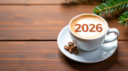 A coffee latte with the numbers 2026 made of cinnamon on white foam and evergreen sprigs on a brown wooden table with copy space. Christmas and New Year's concept