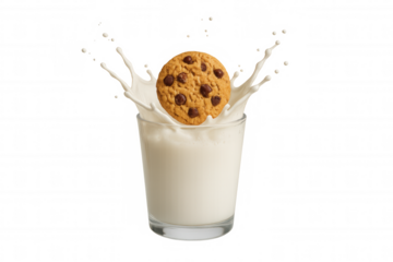 Chocolate chip cookie falling into milk glass generating a dynamic splash with transparent background