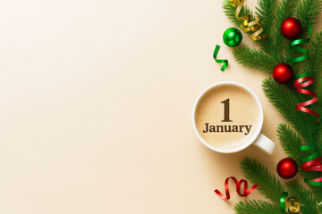 New year celebration with coffee and festive decorations on january first