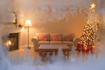 A view through a frosted window. A cozy Christmas living room with a decorated tree and gifts by the fireplace. Christmas and New Year concept.