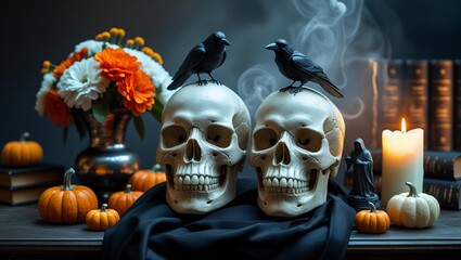 Halloween Skulls with Ravens, Candles, and Pumpkins