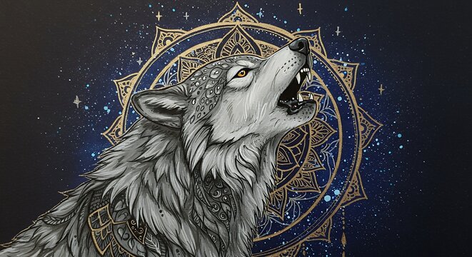 Illustration of a howling wolf with intricate mandala design against dark backdrop