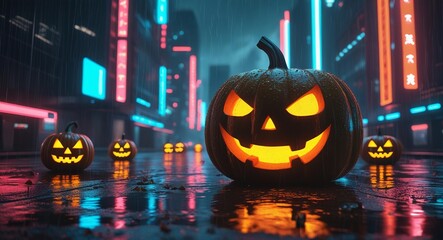 Glowing Jack-O’-Lantern Pumpkins in Neon City