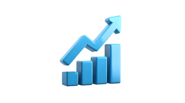 Blue 3D bar chart icon with upward arrow symbolizing business growth and success 3d icon in cartoon plastic style  isolated on a transparent  background