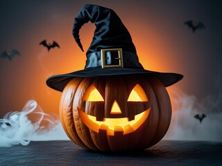 Smiling Jack-O Lantern Pumpkin with Witch Hat