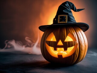 Smiling Jack-O Lantern Pumpkin with Witch Hat