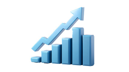 Blue 3D bar chart icon with upward arrow symbolizing business growth and success 3d icon in cartoon plastic style  isolated on a transparent  background