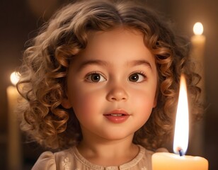 Ultra-realistic artistic close-up of a 3-year-old girl with soft curly hair lit by warm candlelight
