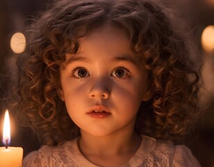 Ultra-realistic artistic close-up of a 3-year-old girl with soft curly hair lit by warm candlelight