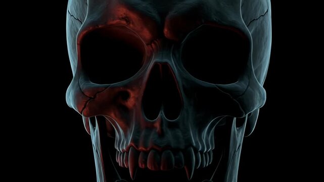 Eerie Human Skull with Red and Blue Tones on Black Background.