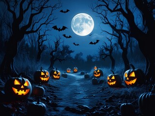 Spooky Halloween Night with Glowing Pumpkins