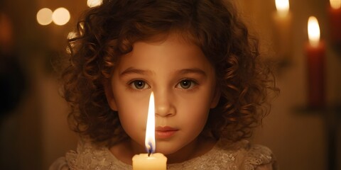 Ultra-realistic artistic close-up of a 3-year-old girl with soft curly hair lit by warm candlelight