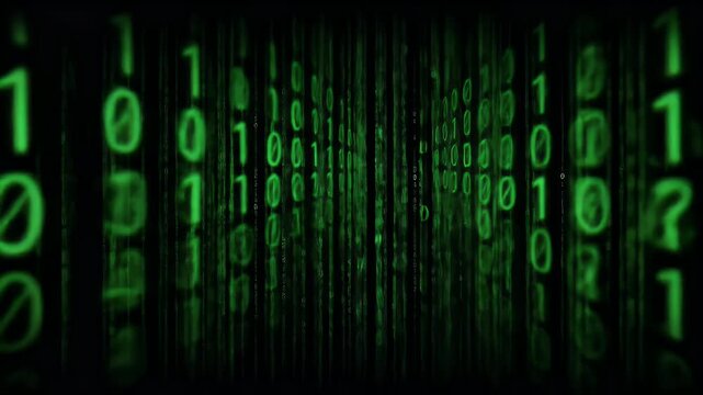 Abstract digital binary code rain streaming down on dark background with vibrant green glowing numbers in data matrix representing information