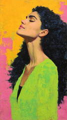 A striking portrait capturing a woman’s graceful profile against a vibrant backdrop, exuding confidence and beauty.