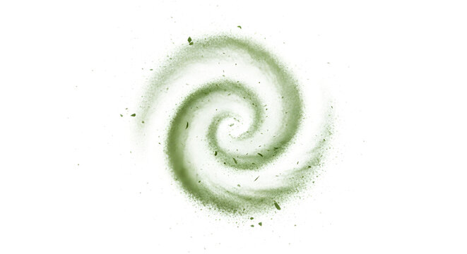 Green powder swirling isolated on white background in a spiral motion effect