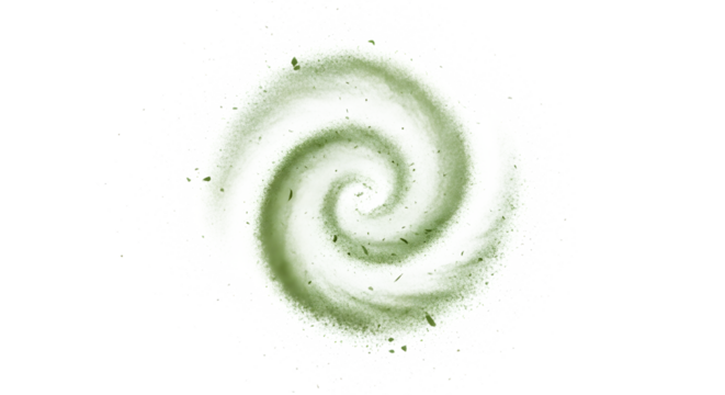 Green powder swirling isolated on white background in a spiral motion effect
