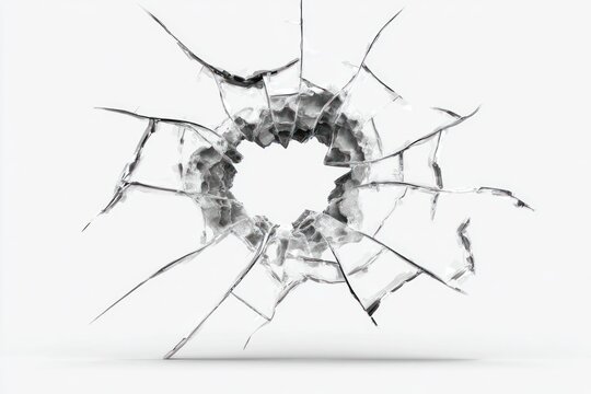 Shattered Glass with Circular Impact Point on White Background.
