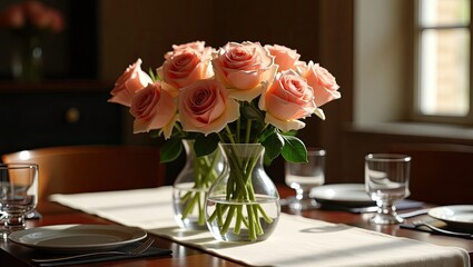 Obraz premium Fresh roses in crystal vases on dining table. 