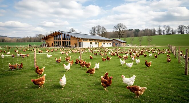 Flock of Free Range Hens on a Sustainable Farm.