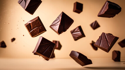 Delicious cubes of dark chocolate falling in motion on beige background. Sweet dessert concept, gourmet food, confectionery and snack idea