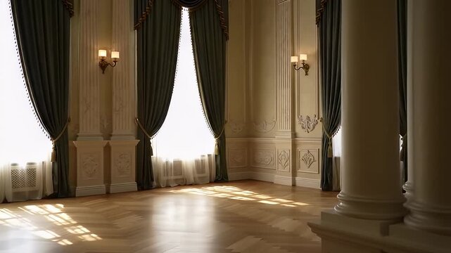 Sunlit Empty Ballroom with Green Curtains and Parquet Floor In Ornate Interior