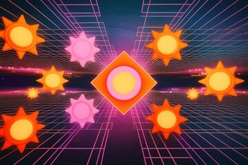Glowing digital suns and geometric shapes in a futuristic grid environment