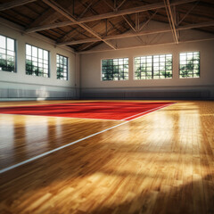 Sun-drenched gymnasium with vintage wooden floor ready for sports action, showcasing a vibrant red court section perfect for athletic content and design projects