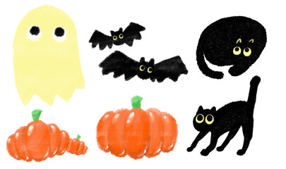 Halloween ghost, bat, pumpkin and black cat illustration set