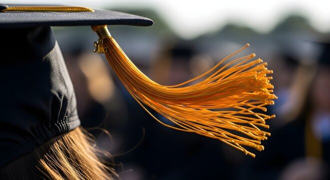 4k close-up capturing a graduate with long hair wearing a mortarboard and gold tassel at an outdoor commencement ceremony, conveying a hopeful mood against a blurred