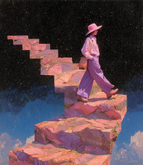 A figure walks up a beautifully rendered stairway, symbolizing a journey through a surreal and celestial landscape.