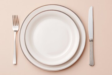 Glossy white ceramic dinner plates with platinum rims, paired with minimal silverware, on a pale pastel background