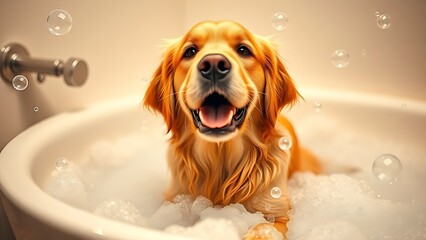 A playful golden retriever in a bathtub surrounded by floating soap bubbles, creating a humorous moment.
