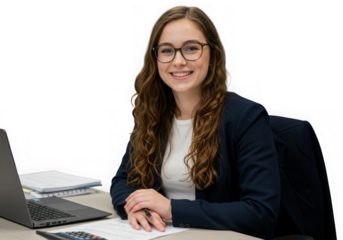 Smiling woman in business attire sitting at desk isolated on transparent background