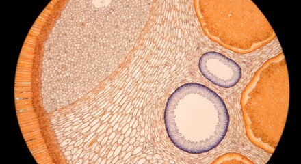 Scientific micrograph revealing the intricate cellular anatomy of a plant stem, a colorful abstract view of botanical biology