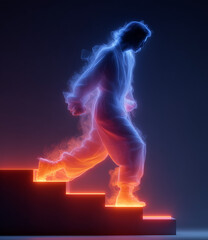 An ethereal figure steps down glowing stairs, surrounded by luminous colors, creating an otherworldly and dreamlike atmosphere.