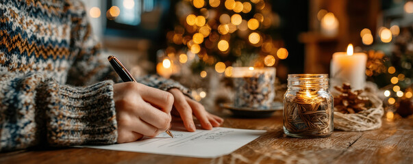 Person in cozy sweater writes heartfelt letter at wooden table, surrounded by warm candlelight and festive Christmas decorations, creating serene holiday atmosphere