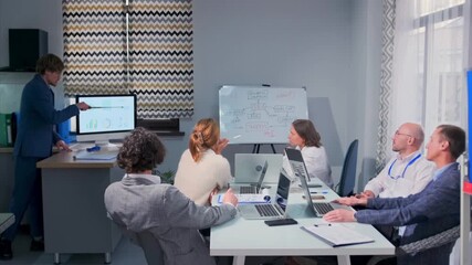 A business manager giving a presentation to a diverse group of colleagues in a modern office. The presenter points at charts on a monitor while the team listens attentively. Laptops, documents, and a - Powered by Adobe