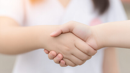Close up of two people shaking hands in agreement after completing a successful deal, symbolizing partnership and cooperation with mutual trust and respect.