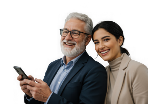 Smiling senior man and young woman using a smartphone isolated on transparent background