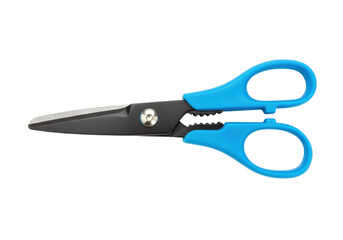 Blue handled safety scissors isolated on transparent background, crafting tool for kids and school projects PNG